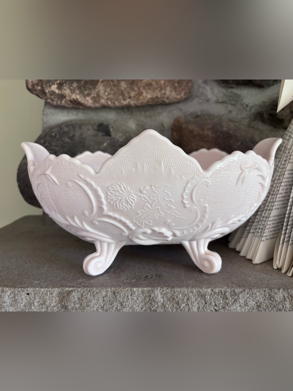 Vtg 50s Jeanette Shell Pink Milk Glass Lombardi Pattern Footed Centerpiece Bowl